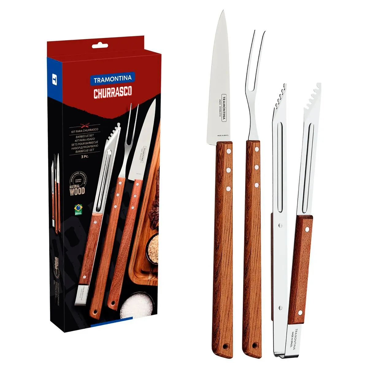 Kit Churrasco 3 Peças de Madeira e Inox - Tramontina